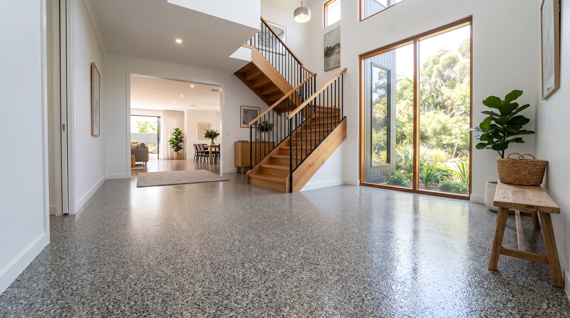 Entry hallway and staircase with a grey river stone flake floor