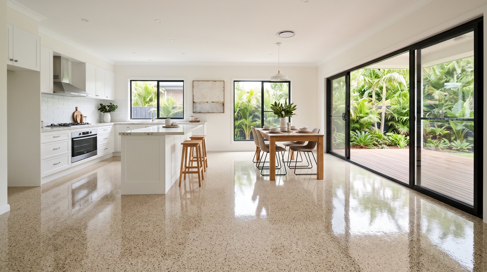 Open plan kitchen and dining with a warm sandstone flake floor